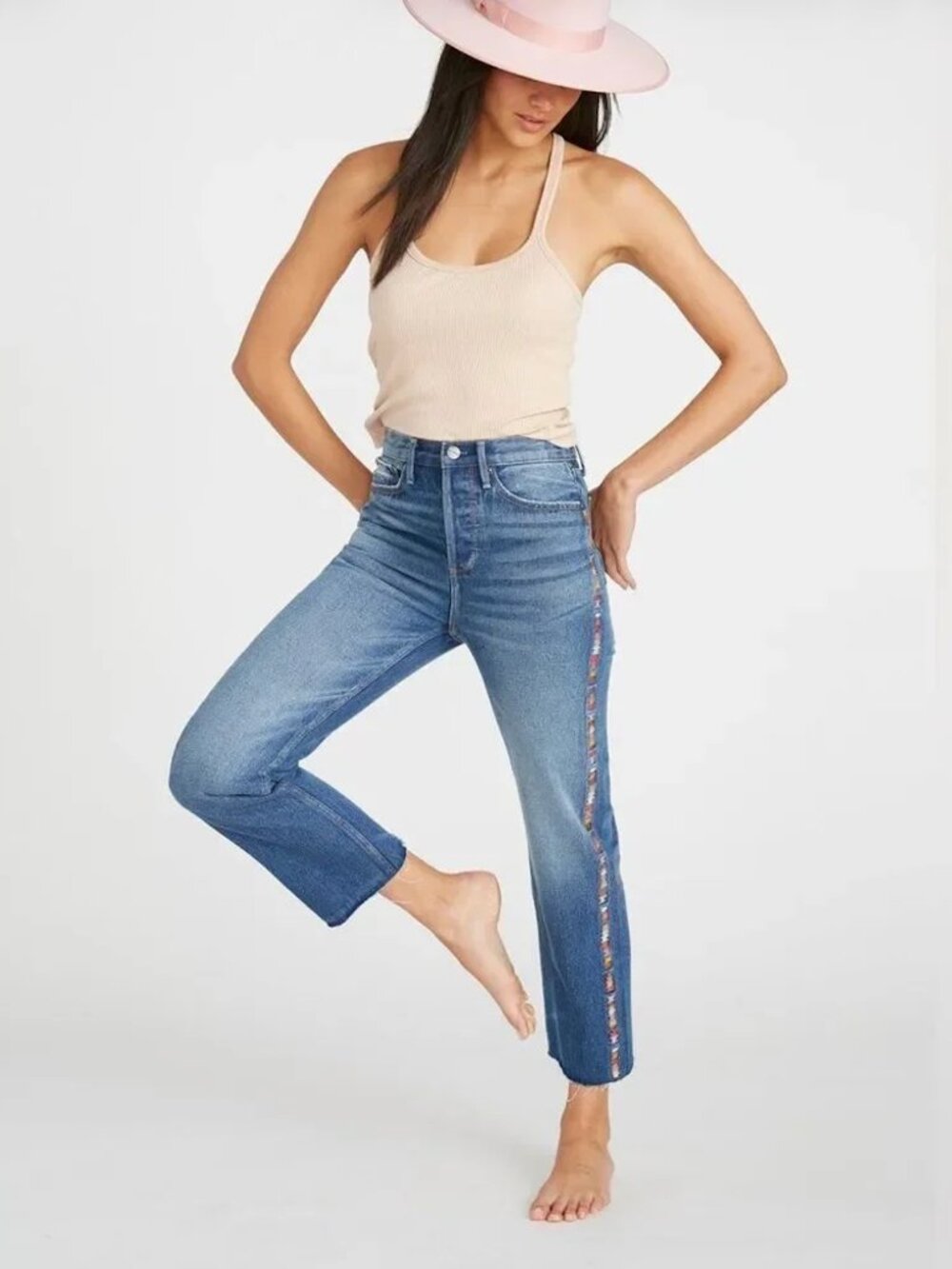 Driftwood Royce Straight Jeans Kaleidoscope Embroidered Size 25 Frayed Hem NEW